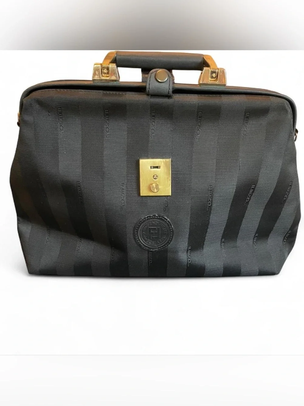 Vintage Fendi Black Striped styled Doctor Bag with Gold Hardware see pics